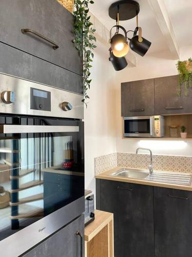 une cuisine avec un évier et un micro-ondes dans l'établissement Villa Maya Romana 6 - CLIM, à Avignon