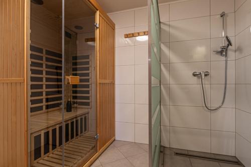 una doccia con porta in vetro in bagno di Vineyard Cottage Princess With Sauna - Happy Rentals a Mirna Peč