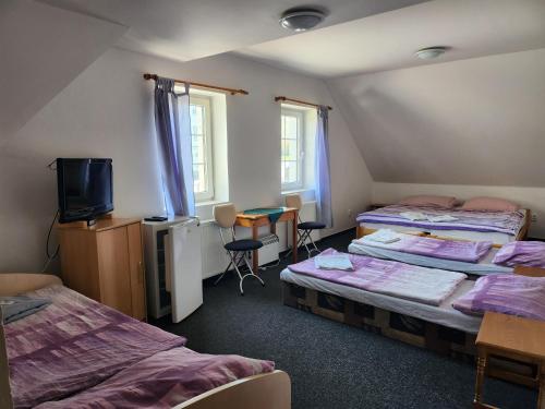 a room with three beds and a tv in it at Penzion u Martina in Liberec