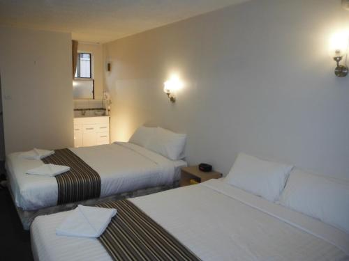 a hotel room with two beds and a mirror at Coffs Harbour Pacific Palms Motel in Coffs Harbour