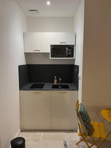 een kleine keuken met een wastafel en een magnetron bij Charmant Studio / Centre ville in Niort