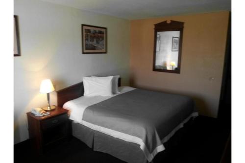 a bedroom with a bed and a lamp and a mirror at Columbus Motel in Columbus Junction
