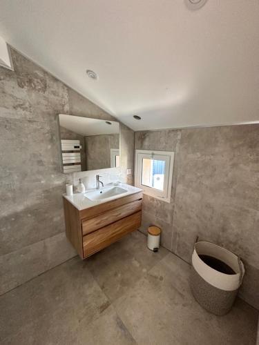 une salle de bain avec un lavabo et des toilettes dans l'établissement Un air de paradis, à Gujan-Mestras