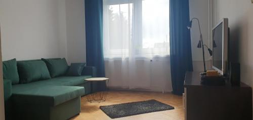 a living room with a green couch and a window at Mieszkanie w domu jednorodzinnym in Człuchów