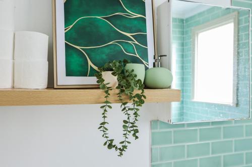 a green plant sitting on a shelf in a bathroom at Stylish Apartment in Putney in London