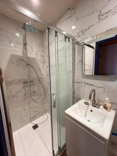 une salle de bain avec une douche et un lavabo et une cabine de douche en verre dans l'établissement Le gite des mariniers, à Saint-Pierre-de-Boeuf
