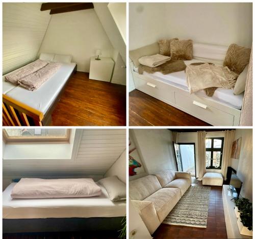 4 fotos de una habitación con 2 camas y un sofá en Maries Stadthaus, en Kalkar