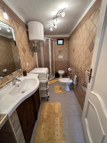 uma casa de banho com um lavatório e um WC em Appartamento La Petrosa em Nova Siri
