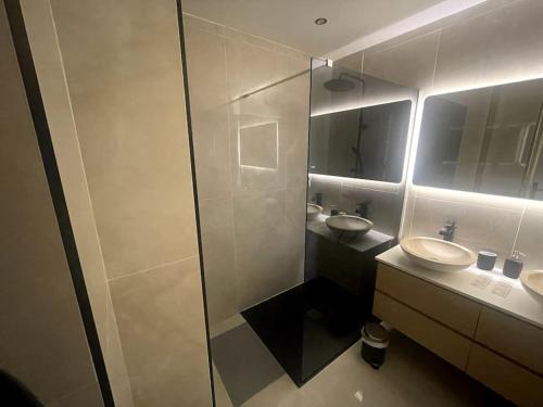 une salle de bain avec deux lavabos et une douche en verre dans l'établissement Annecy Centre-ville: 3 couchages, parking, à Annecy