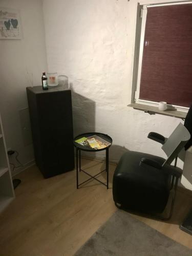 Zimmer mit einem Stuhl, einem Tisch und einem Fenster in der Unterkunft Wonderland Apartmentvermietung Room 2 ebenerdig in Landsberg