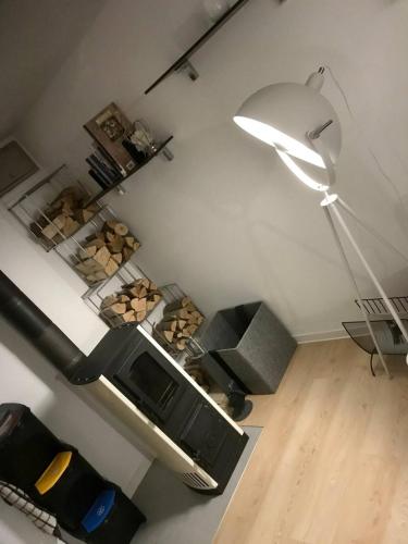 sala de estar con TV y lámpara en Wonderland Apartmentvermietung Room 2 ebenerdig, en Landsberg