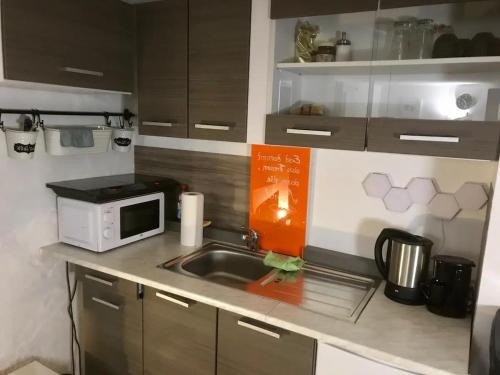 cocina con fregadero y microondas en Wonderland Apartmentvermietung Room 2 ebenerdig, en Landsberg