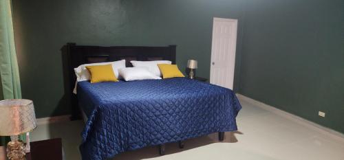 Dormitorio con cama con edredón azul y almohadas amarillas en Loma Verde en Danlí