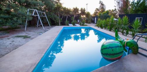 een zwembad met een bal in het midden bij Alme cabañas Olmué in Granizo