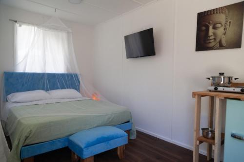 een slaapkamer met een bed en een tv aan de muur bij Alme cabañas Olmué in Granizo