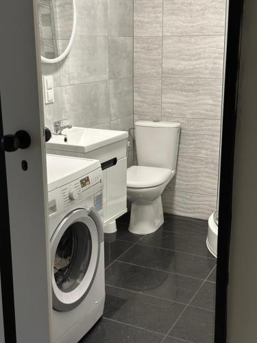 a bathroom with a washing machine and a toilet at Apartamenty Bezrzecze in Szczecin