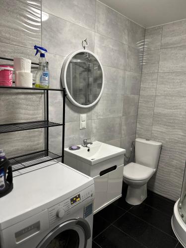 a bathroom with a washing machine and a sink at Apartamenty Bezrzecze in Szczecin