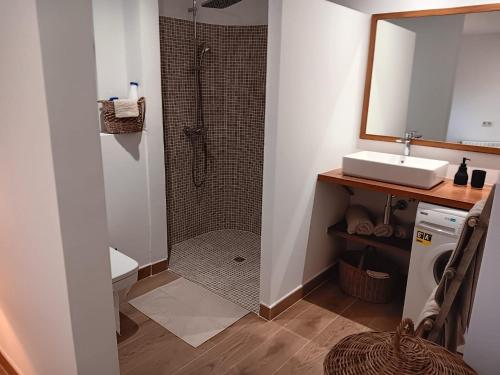 ein Bad mit einer Dusche und einem Waschbecken in der Unterkunft casa santa caterina in Torroella de Montgrí