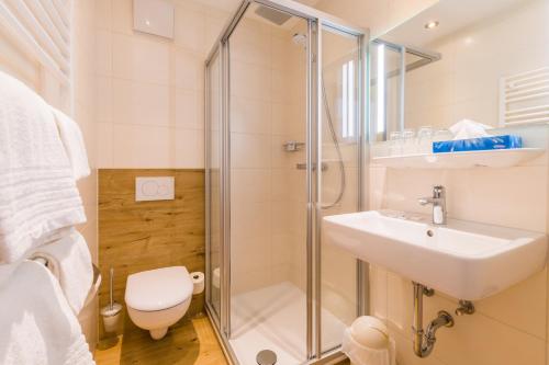 ein Bad mit einer Dusche, einem Waschbecken und einem WC in der Unterkunft Berghamer's Gasthof Hotel in Neukirchen am Walde