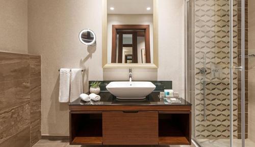uma casa de banho com um lavatório e um chuveiro em Elite World Grand Istanbul Basın Ekspres em Istambul