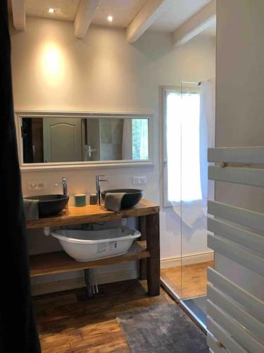 une salle de bain avec un lavabo et un miroir dans l'établissement Maison superbe sur 2 étages avec piscine, à Celles