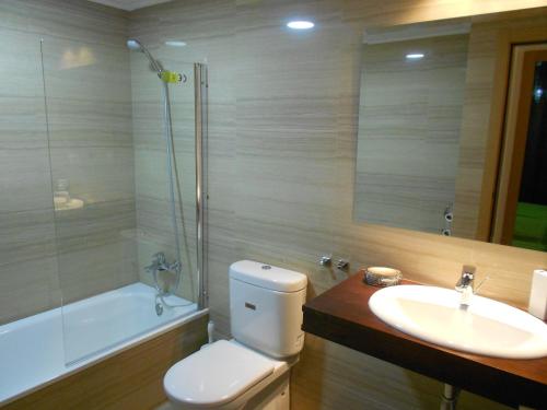 een badkamer met een toilet, een wastafel en een douche bij Jardinas de les Marinas in Denia