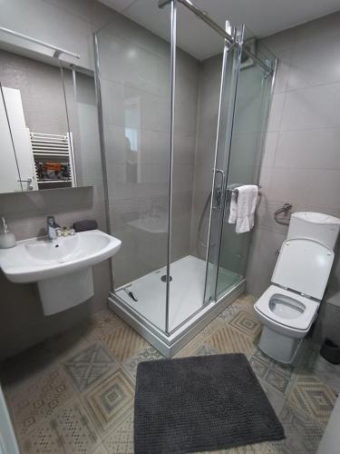 ein Bad mit einer Dusche, einem WC und einem Waschbecken in der Unterkunft Apartman Slatina in Tuzla