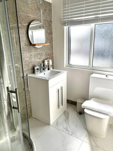 a bathroom with a toilet and a sink and a shower at Luton flat with parking in Luton