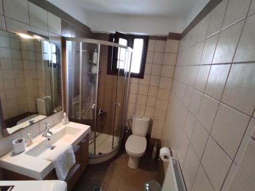 a bathroom with a toilet and a sink and a shower at Villa La Bella Vista in Skála Foúrkas