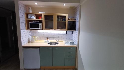 a small kitchen with a sink and a microwave at FerPilar Suite, Concord Pilar in Pilar