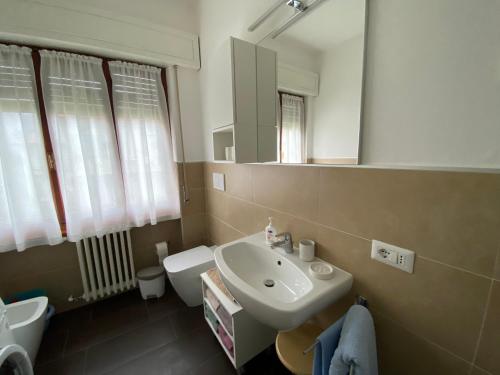 La salle de bains est pourvue d'un lavabo, de toilettes et d'un miroir. dans l'établissement Verdelago, à Cannobio
