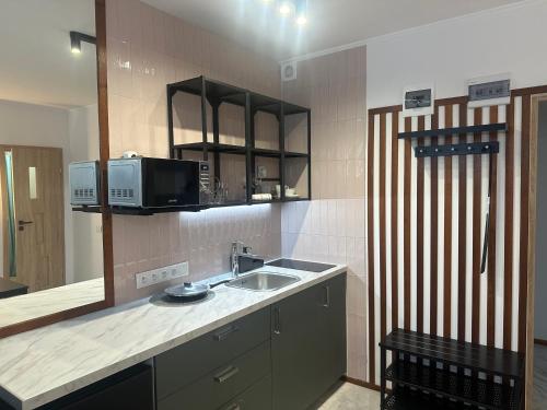 a small kitchen with a sink and a microwave at VISTA Apartment in Mińsk Mazowiecki