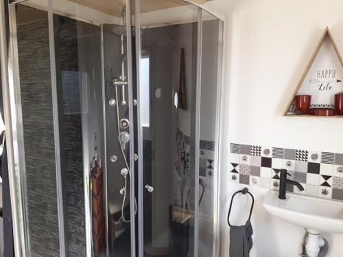 W łazience znajduje się szklana kabina prysznicowa i umywalka. w obiekcie La sablière w mieście Oucques