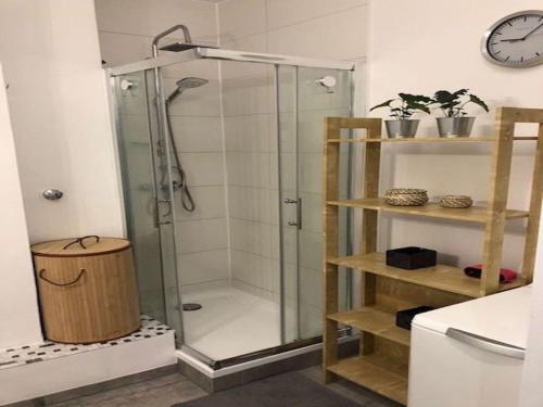 eine Dusche mit Glastür im Bad in der Unterkunft FlatDeCologne VeeDel in Köln