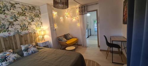 1 dormitorio con 1 cama, 1 silla y 1 mesa en Charmant T2 à 50m du lagon en Étang-Salé les Bains