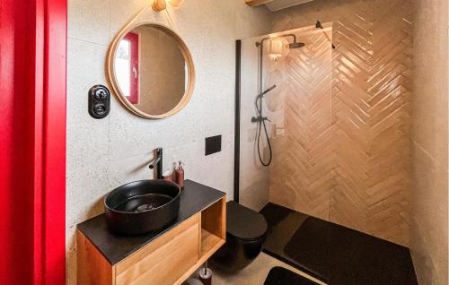 uma casa de banho com um lavatório, um espelho e um chuveiro em Lovely Home In Rowy With Wifi em Rowy