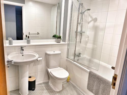 La salle de bains est pourvue de toilettes, d'un lavabo et d'une douche. dans l'établissement Spacious Ground floor, 2 bed by Lains Lettings m, à Aberdeen