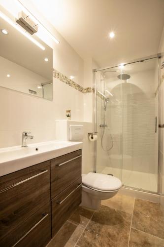 une salle de bain avec un lavabo, des toilettes et une douche dans l'établissement LES 3 TERRASSES, Maison rénovée - piscines - tennis, à Gassin
