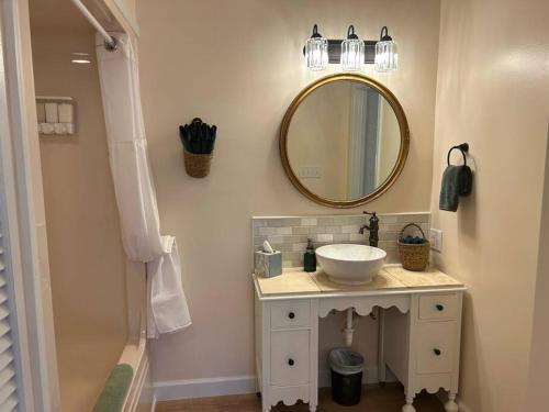 ein Bad mit einem Waschbecken und einem Spiegel in der Unterkunft Victorian mini mansion near Lake Greenwood in Cross Hill