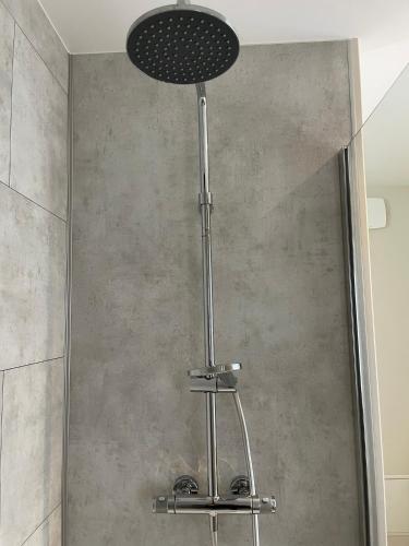 a shower with a shower head in a bathroom at Restaurant Hotel Logis Chez Sophie in Briouze