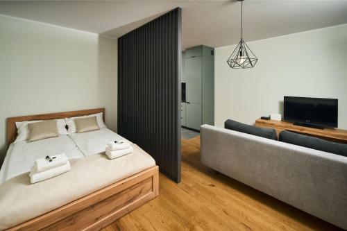 a bedroom with a bed and a couch and a television at Symphony City Square Aparthotel in Wrocław