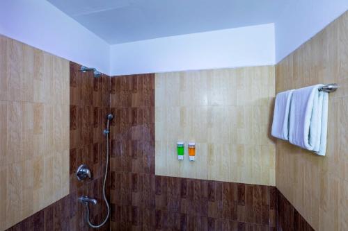 班加羅爾的住宿－Blue Bliss Hotel By PPH Living，浴室设有棕色瓷砖和淋浴。