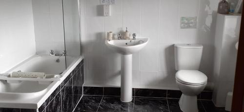 a white bathroom with a toilet and a sink at Henblas Holiday Cottages in Abergele