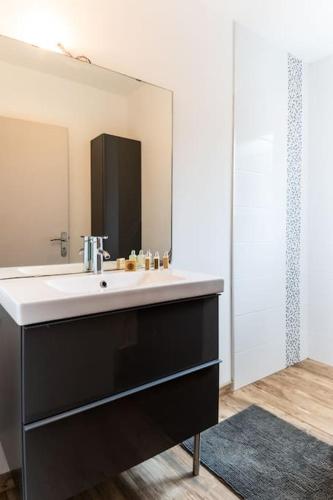 une salle de bain avec un lavabo et un miroir dans l'établissement Maison vue Mer et Maquis, à Olmeto