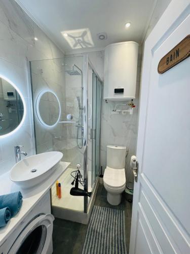 une salle de bain avec toilettes, lavabo et douche dans l'établissement APRT Cannes Beach Festival ARNESE, à Cannes
