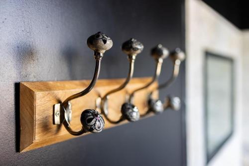 a wooden holder with four mushrooms on a wall at Jambi, Zoo de Beauval in Saint-Aignan