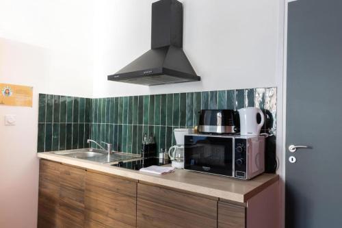 a kitchen with a sink and a microwave at Jambi, Zoo de Beauval in Saint-Aignan