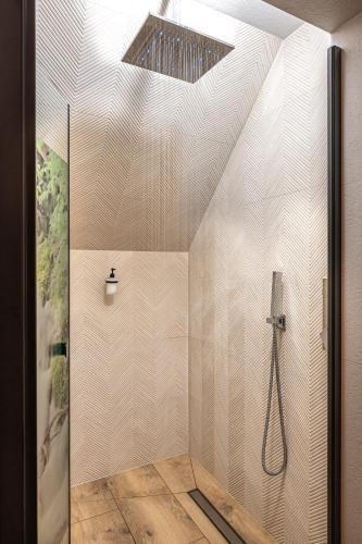 a bathroom with a shower with a ceiling at Apartamenty i pokoje Pod Limbami - sauna, tężnia in Bukowina Tatrzańska