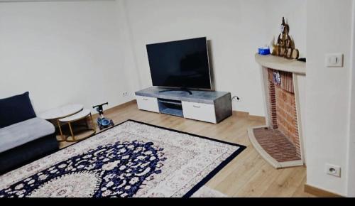 een woonkamer met een bank en een tv bij Luxurious 2 in Brussel