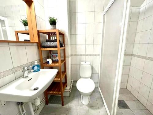 a bathroom with a toilet and a sink and a shower at Stor lägenhet på Vasagatan in Gothenburg